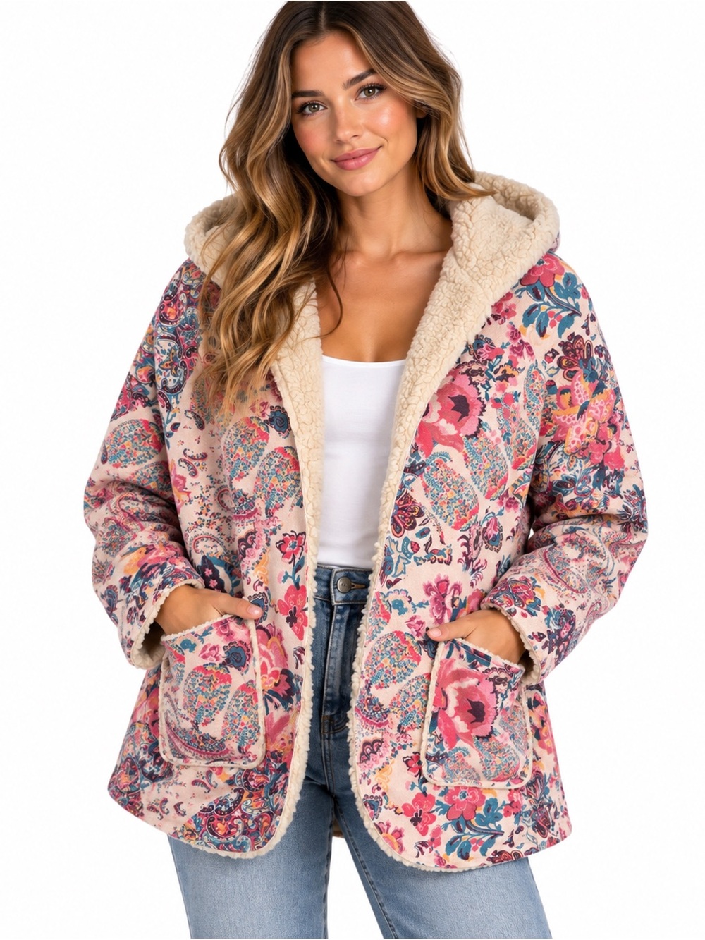 Boho Floral Paisley Sherpa Lined Hooded Jacket Coat Pink Cream Large Cozy Warm